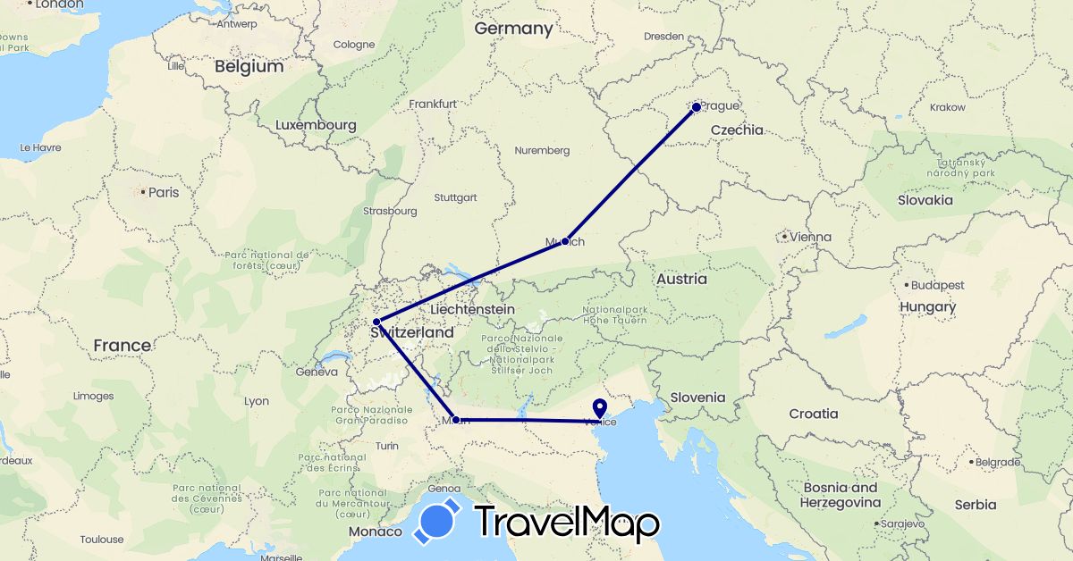 TravelMap itinerary: driving in Switzerland, Czech Republic, Germany, Italy (Europe)